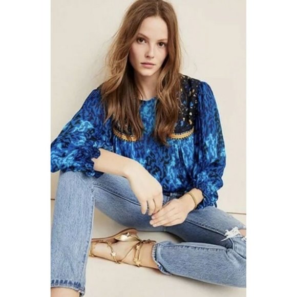 Anthropologie Blank London Miranda Peasant Blouse Top Blue Size XS - Picture 1 of 9